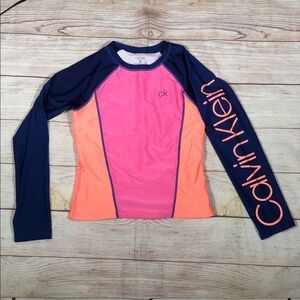 Calvin Klein Pink, Coral & Navy Colorblock Long Sleeve Rash Guard UPF Protection